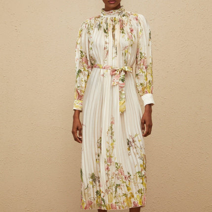 Nicole White Floral Turtleneck Midi Dress with Long Sleeves and Cinched Waist