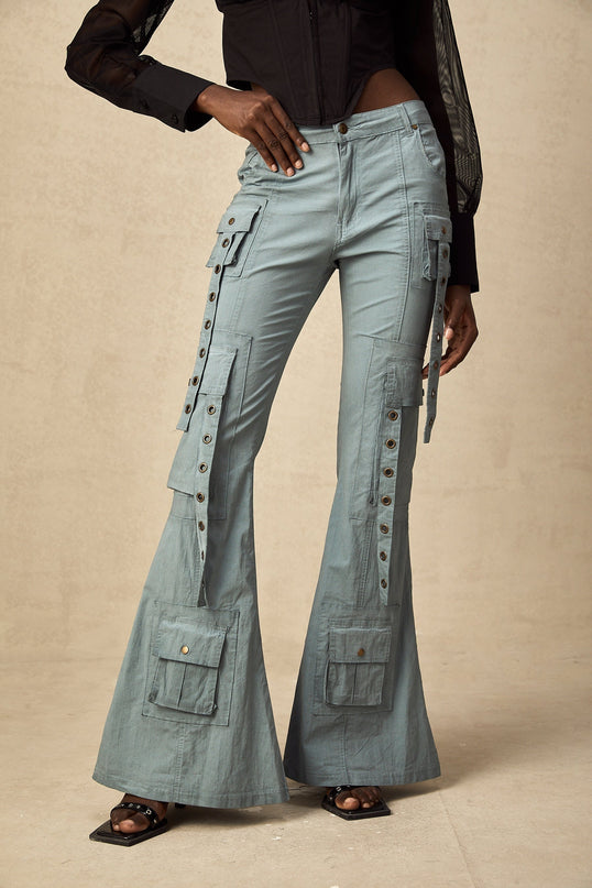 Ninetta Blue High Waisted Flared Cargo Trousers
