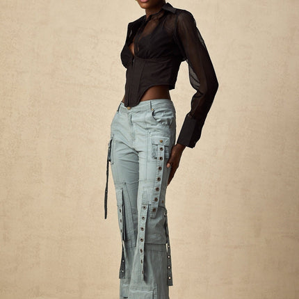 Ninetta Blue High Waisted Flared Hem Cargo Pocket Trousers
