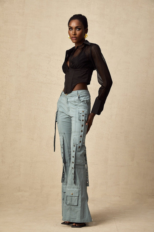 Ninetta Blue High Waisted Flared Hem Cargo Pocket Trousers