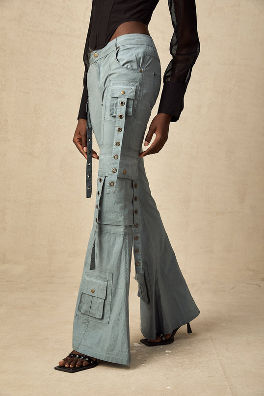 Ninetta Blue High Waisted Flared Hem Cargo Pocket Trousers