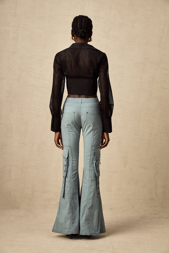 Ninetta Blue High Waisted Flared Hem Cargo Pocket Trousers