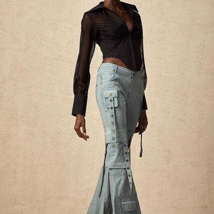 Ninetta Blue High-Waisted Flared Hem Cargo Trousers