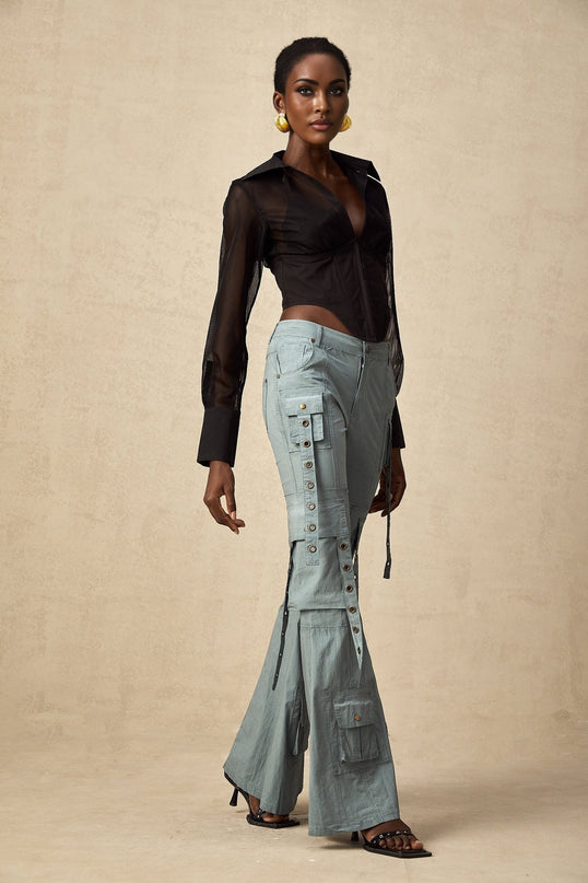 Ninetta Blue High-Waisted Flared Hem Cargo Trousers