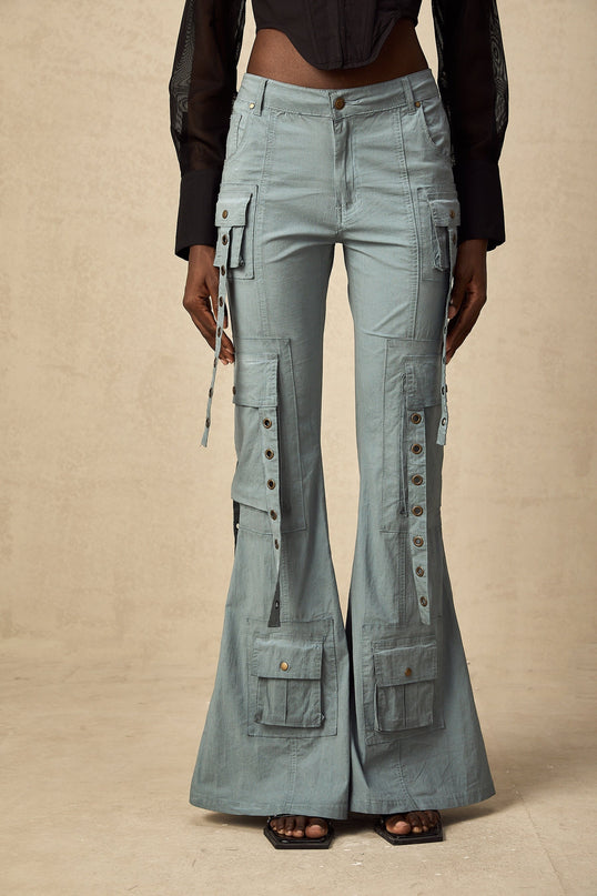 Ninetta Blue High Waisted Flared Cargo Pocket Trousers