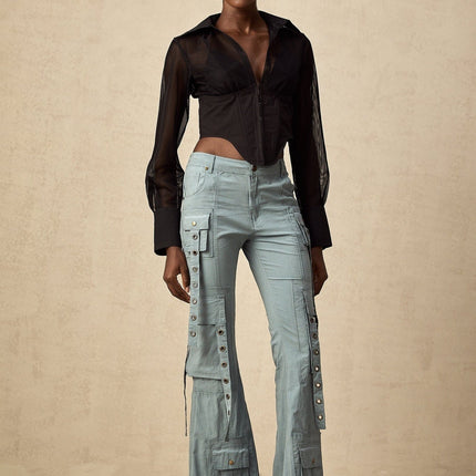 Ninetta Blue High Waisted Flared Hem Cargo Pocket Trousers
