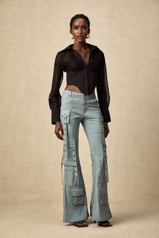 Ninetta Blue High Waisted Flared Hem Cargo Pocket Trousers