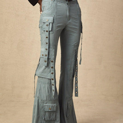 Ninetta Blue High Waisted Flared Hem Cargo Pocket Trousers