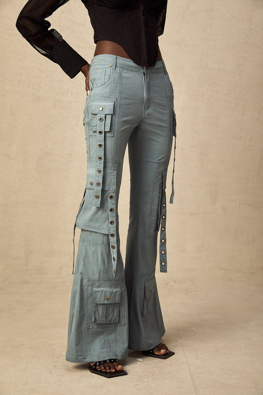 Ninetta Blue High Waisted Flared Hem Cargo Pocket Trousers