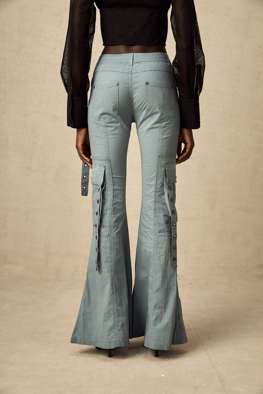 Ninetta Blue High Waisted Flared Hem Cargo Pocket Trousers