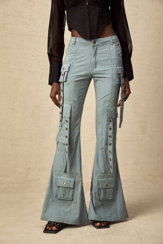 Ninetta Blue High-Waisted Flared Hem Cargo Trousers