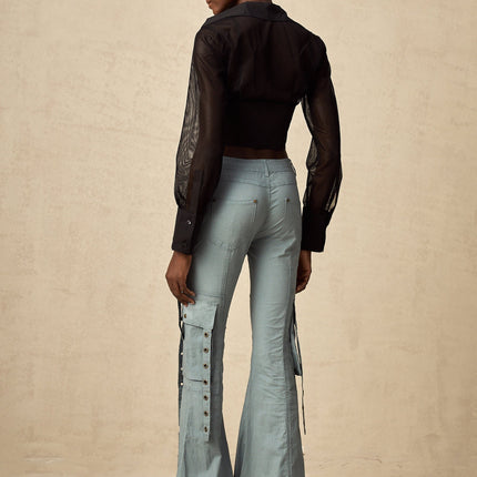 Ninetta Blue High-Waisted Flared Hem Cargo Pocket Trousers