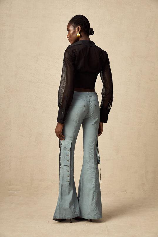 Ninetta Blue High-Waisted Flared Hem Cargo Pocket Trousers