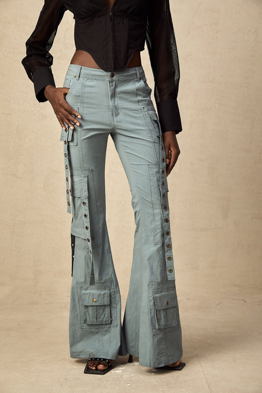 Ninetta Blue High Waisted Flared Hem Cargo Pocket Trousers