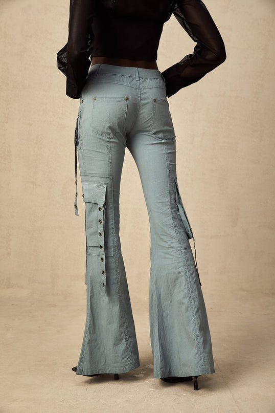 Ninetta Blue High Waisted Flared Cargo Pocket Trousers