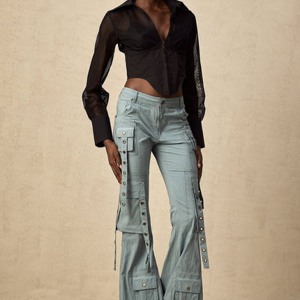 Ninetta Blue High Waisted Flared Hem Cargo Pocket Trousers