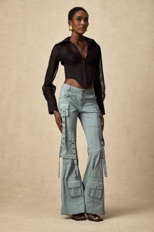Ninetta Blue High Waisted Flared Hem Cargo Pocket Trousers