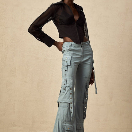 Ninetta Blue High Waisted Flared Hem Cargo Pocket Trousers