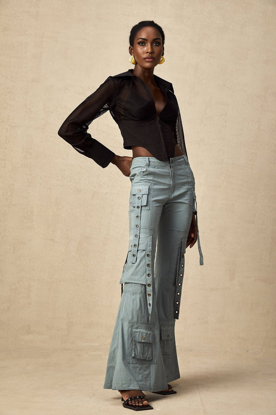 Ninetta Blue High Waisted Flared Hem Cargo Pocket Trousers
