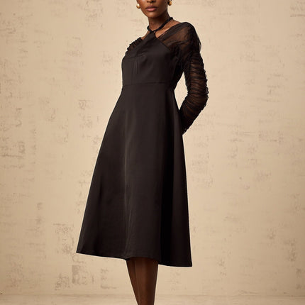 Ninfa Black Halterneck Flared Midi Dress 89% Terylene 11% Spandex