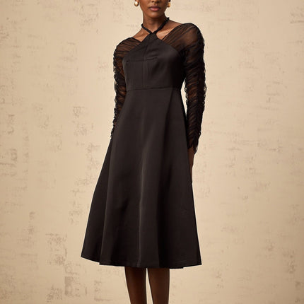 Ninfa Black Halterneck Flared Midi Dress 89% Terylene 11% Spandex