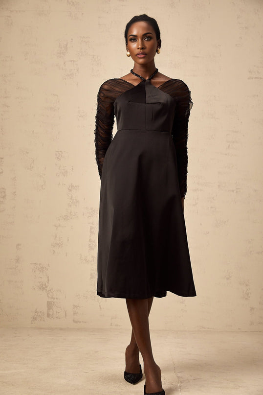 Ninfa Black Halterneck Flared Midi Dress 89% Terylene 11% Spandex