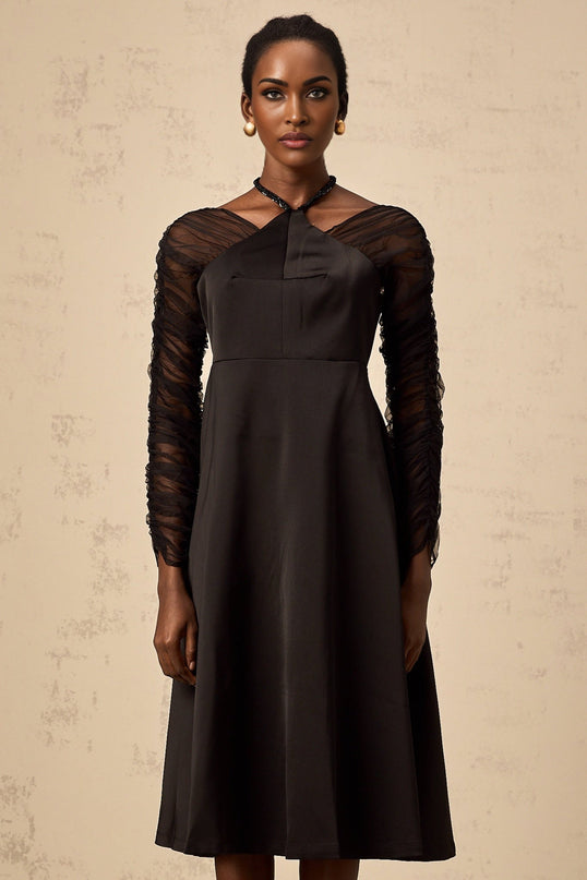 Ninfa Black Halterneck Midi Dress Flared Skirt Terylene Spandex