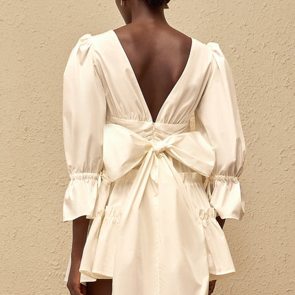 Ninfa White A-Line Mini Dress with Ruffled Trim and Bowknot Detail
