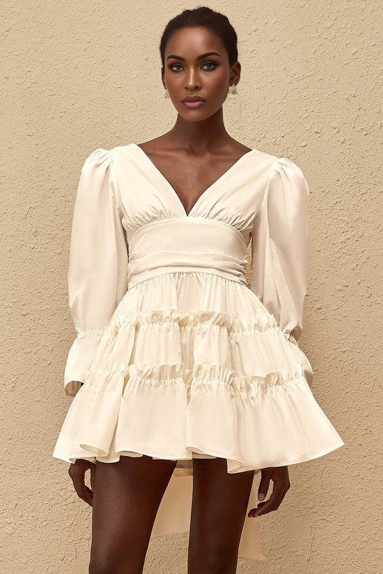 Ninfa White A-Line Mini Dress with Ruffled Trim and Bowknot Detail