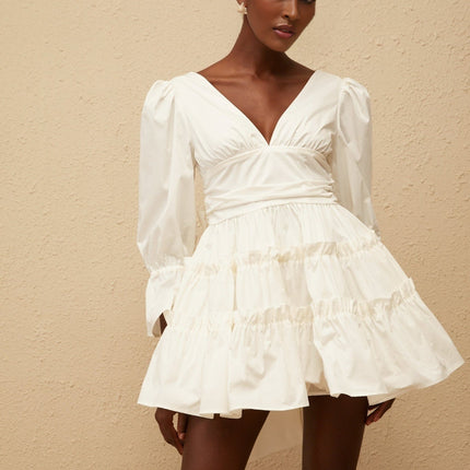 Ninfa White A-Line Mini Dress with Ruffled Trim and Bowknot Detail