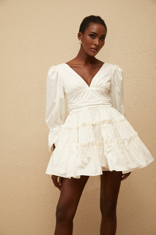 Ninfa White A-Line Mini Dress with Ruffled Trim and Bowknot Detail