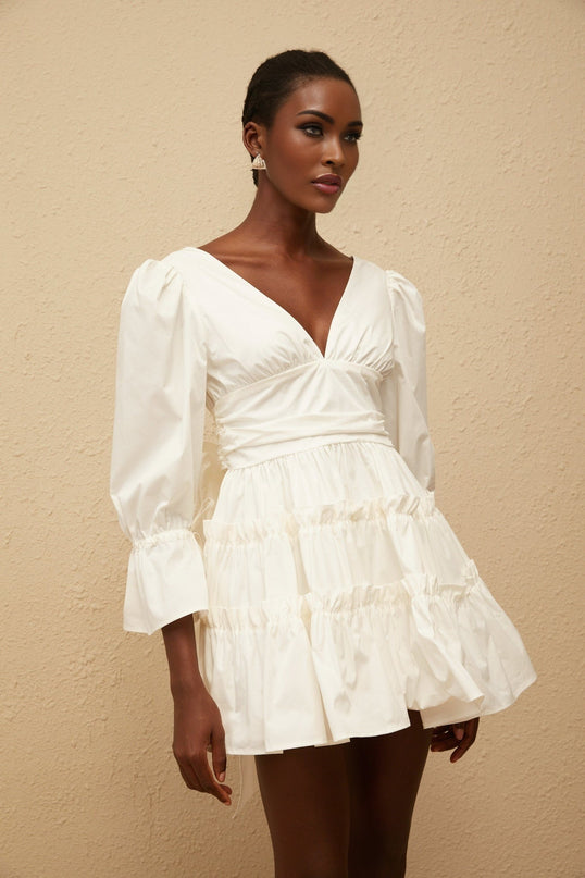 Ninfa White A-line Mini Dress with Ruffled Trim and Oversized Bowknot Detail