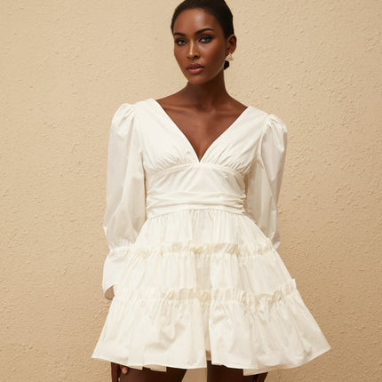 Ninfa White A-Line Mini Dress with Ruffled Trim and Bowknot Detail