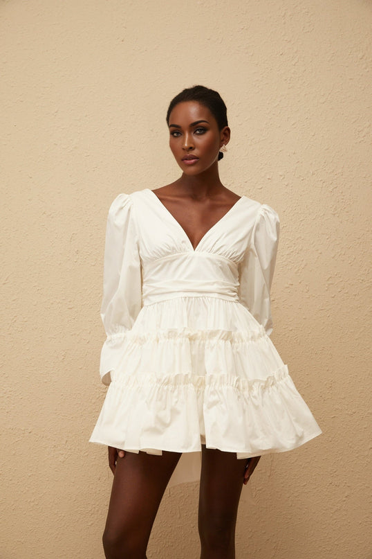 Ninfa White A-Line Mini Dress with Ruffled Trim and Bowknot Detail