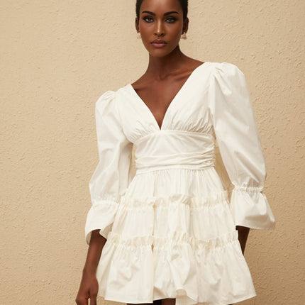 Ninfa White A-Line Mini Dress with Ruffled Trim and Bowknot Detail