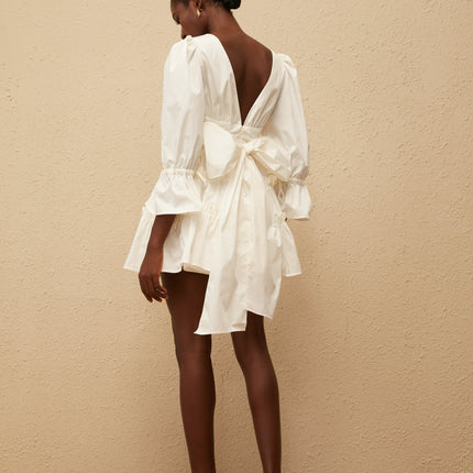 Ninfa White A-Line Mini Dress with Ruffled Trim and Bowknot Detail