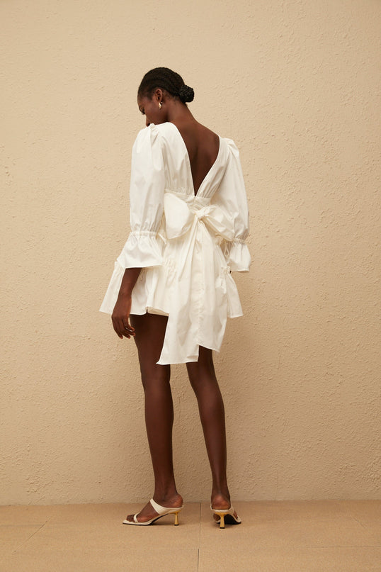 Ninfa White A-Line Mini Dress with Ruffled Trim and Bowknot Detail
