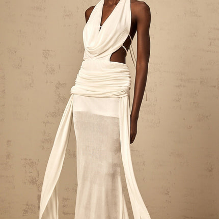 Ninfa White Maxi Dress in Pure Halterneck V-Neckline Open Back Ruched Detailing Draped Self-Tie Design Rear Zip Fastening Backless Dress Special Occasions
