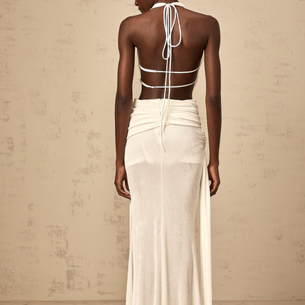 Ninfa White Maxi Dress in Pure Halterneck V-neckline Open Back Ruched Detailing Draped Self-tie Design Rear Zip Fastening Backless Dress Special Occasions