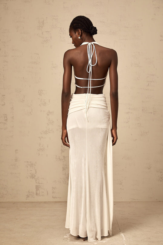 Ninfa White Maxi Dress in Pure Halterneck V-neckline Open Back Ruched Detailing Draped Self-tie Design Rear Zip Fastening Backless Dress Special Occasions