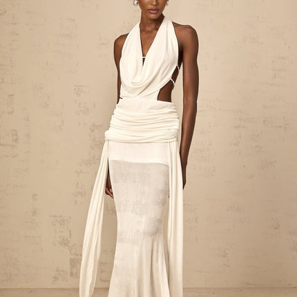 Ninfa White Maxi Dress in Pure Halterneck V-neckline Open Back Ruched Detailing Draped Self-tie Design Rear Zip Fastening Backless Dress Special Occasions