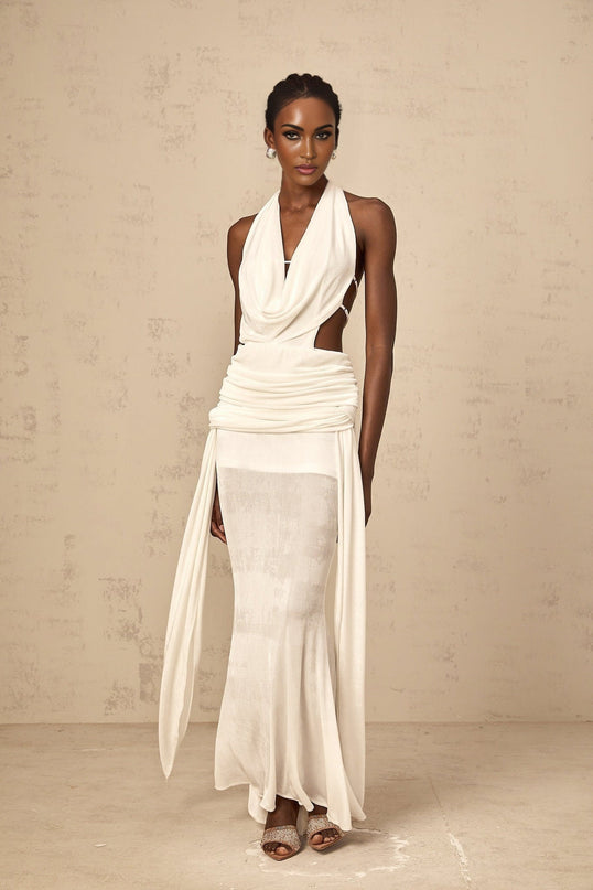 Ninfa White Maxi Dress in Pure Halterneck V-neckline Open Back Ruched Detailing Draped Self-tie Design Rear Zip Fastening Backless Dress Special Occasions