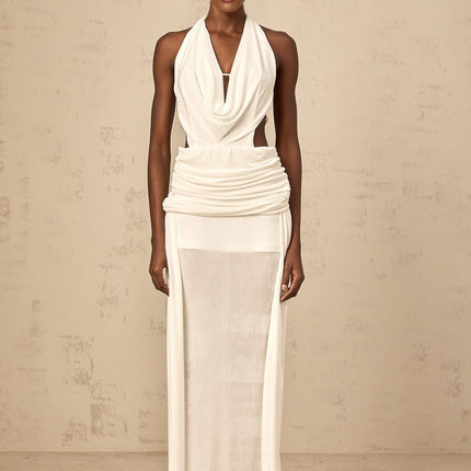 Ninfa White Maxi Dress in Pure Terylene Spandex Halterneck V-neckline Open Back Ruched Detailing Draped Self-tie Design Rear Zip Fastening Backless Dress Special Occasions