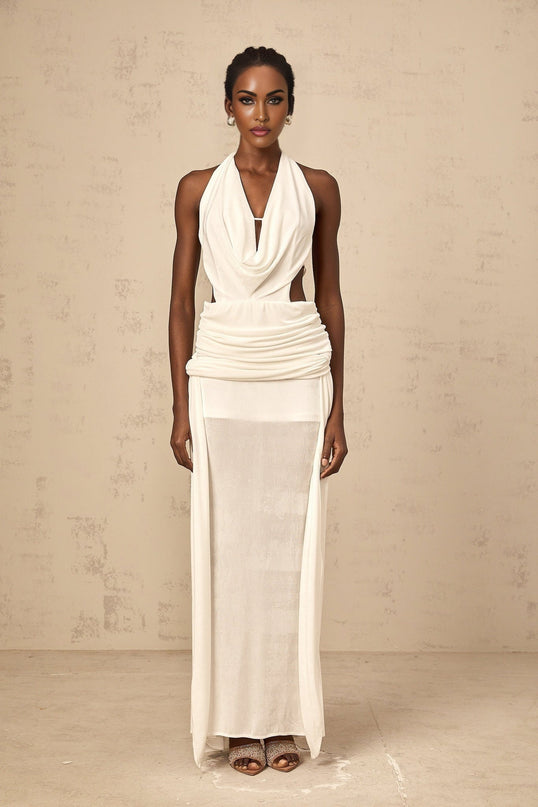 Ninfa White Maxi Dress in Pure Terylene Spandex Halterneck V-neckline Open Back Ruched Detailing Draped Self-tie Design Rear Zip Fastening Backless Dress Special Occasions