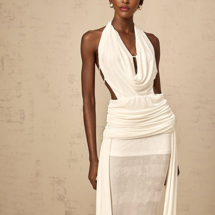 Ninfa White Maxi Dress in Pure Terylene and Spandex with Halterneck and Open Back