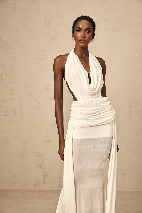 Ninfa White Maxi Dress in Pure Terylene and Spandex with Halterneck and Open Back