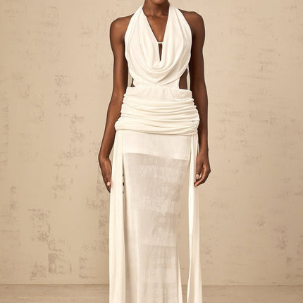 Ninfa White Maxi Dress in Pure Terylene Spandex Halterneck V-neckline Open Back Ruched Detailing Draped Self-tie Design Rear Zip Fastening Backless Special Occasions