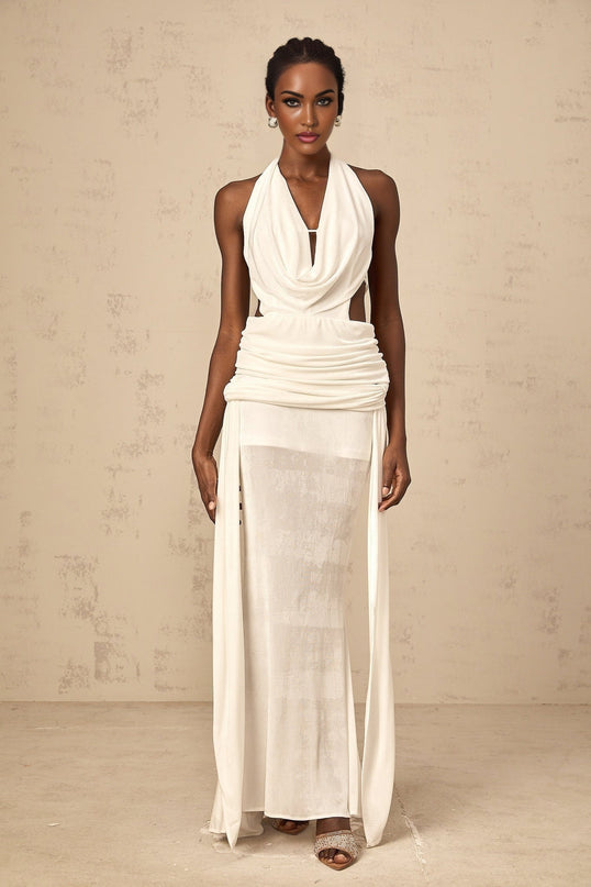 Ninfa White Maxi Dress in Pure Terylene Spandex Halterneck V-neckline Open Back Ruched Detailing Draped Self-tie Design Rear Zip Fastening Backless Special Occasions