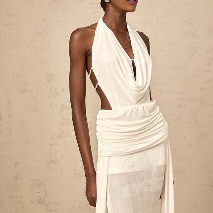 Ninfa White Maxi Dress in Pure Terylene Spandex Halterneck V-neckline Open Back Ruched Detailing Draped Self-tie Design Rear Zip Fastening Backless Dress Special Occasions