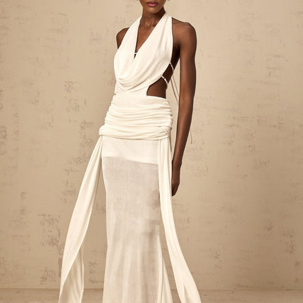 Ninfa White Halterneck Maxi Dress with Open Back and Ruched Detailing